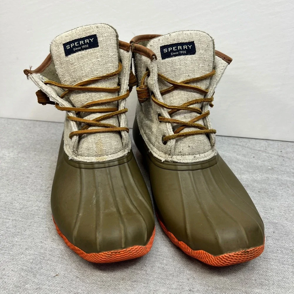 Sperry Saltwater Duck Boots Olive Green Oatmeal Canvas Orange Sole Womens 7.5